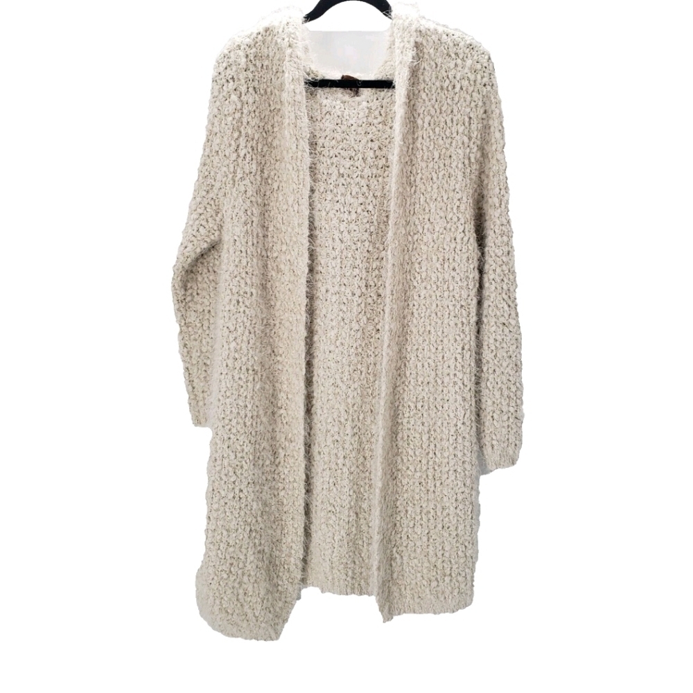 Women's POL Beige/White Eyelash Hooded Open Front Cardigan Sweater Size M. - Picture 4 of 7